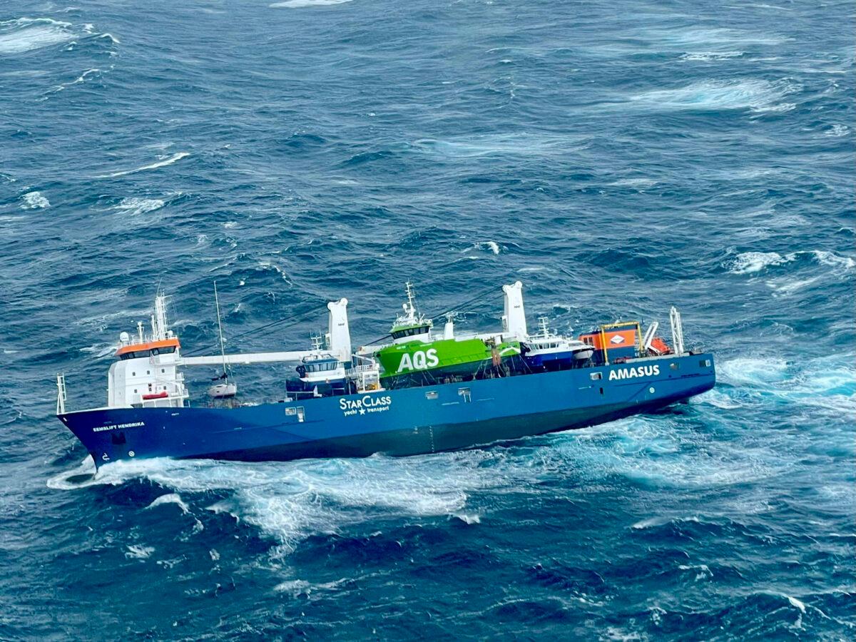 The Dutch cargo ship Eemslift Hendrik is seen in the Norwegian Sea, on April 5, 2021. (Rescue Helicopter Floro/HSS Sor-Norge/NTB via AP)