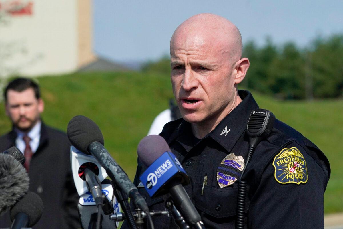 Frederick Police Chief Jason Lando speaks during a news conference near the scene of a shooting at a business park in Frederick, Md., on April 6, 2021. (Julio Cortez/AP Photo)