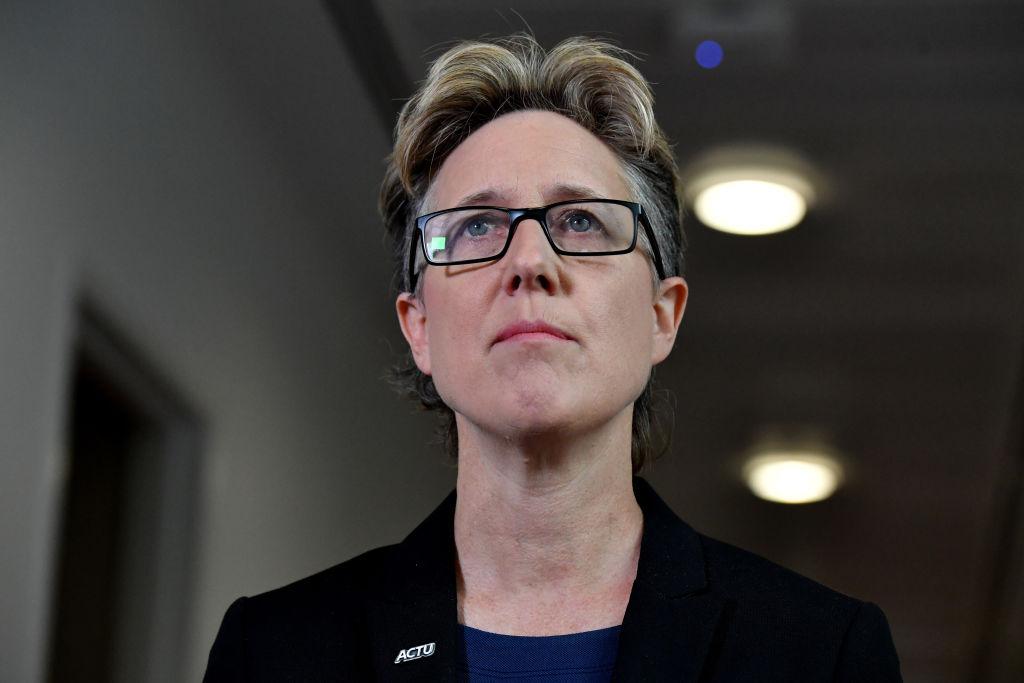 Secretary of the ACTU Sally McManus during a doorstop in the media gallery at Parliament House in Canberra, Australia, on March 18, 2021. (Sam Mooy/Getty Images)
