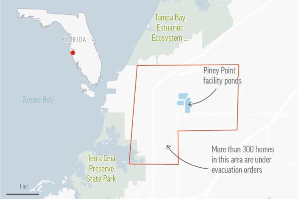 Map locates the Piney Point facility pond that is leaking contaminated water in Manatee County, Fla. (AP)