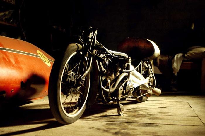 The 1920 Indian Scout that set the world land speed record for bikes under 1000cc, at the Bonneville Salt Flats, in "The World's Fastest Indian." (Magnolia Pictures)