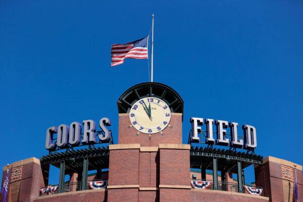 A general view of the clock tower at Coors Field before the Opening Day game between the Colorado Rockies and the Los Angeles Dodgers in Denver, Colo., on April 1, 2021. (Isaiah J. Downing/USA TODAY Sports)