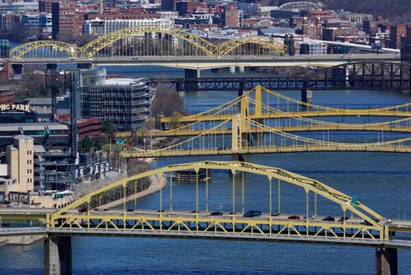 Bridges spanning the Allegheny River in downtown Pittsburgh, Pennsylvania, on April 2, 2021. (Gene J. Puskar/AP Photo)