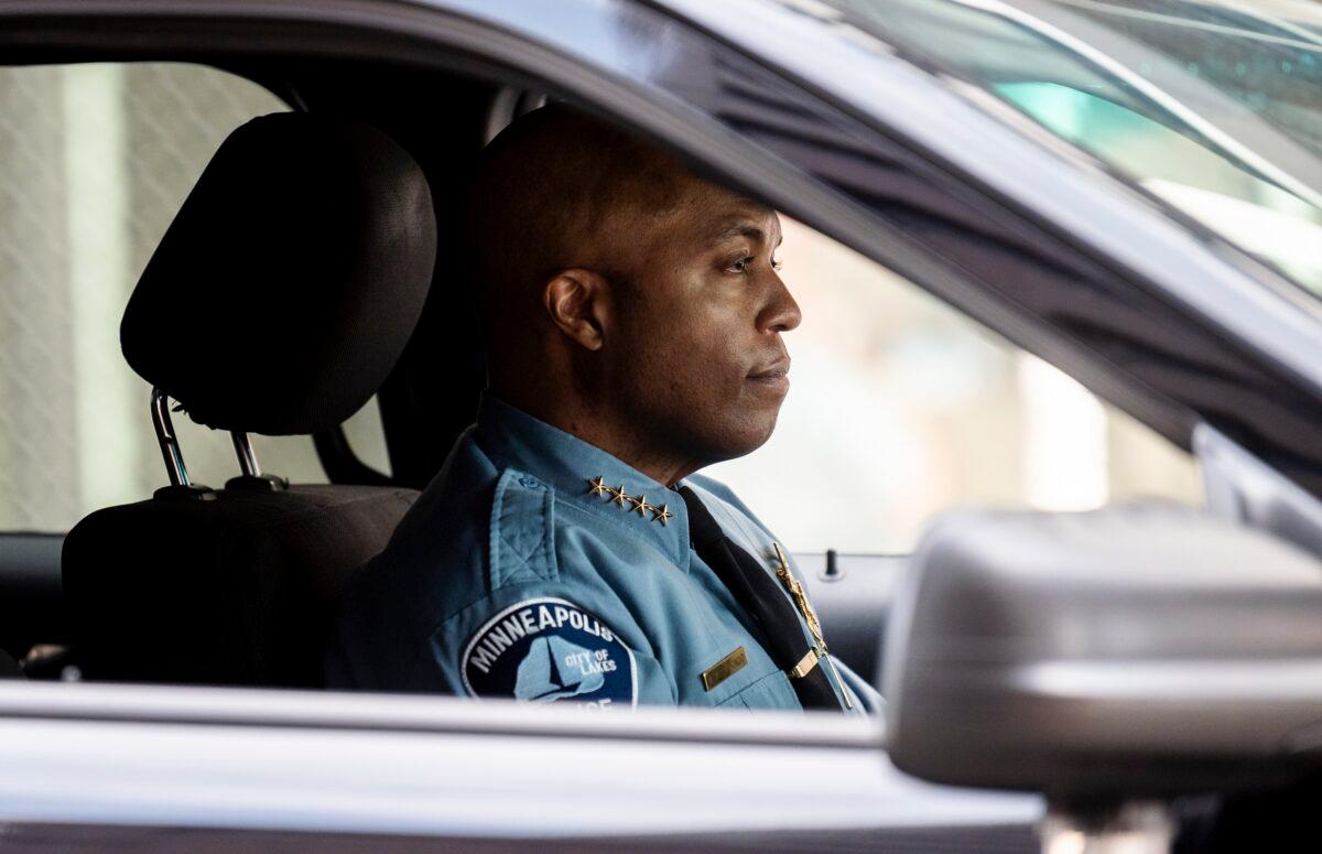 Minneapolis Police Chief Medaria Arradondo drives a vehicle as he leaves the Hennepin County Government Center in Minneapolis, Minn., on April 5, 2021. (Stephen Maturen/Getty Images)