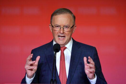 Leader of the Opposition Anthony Albanese makes his closing remarks at the end of the Australian Labor Party (ALP) National Conference at the Revesby Workers Club in Sydney, Australia, on March 31, 2021. (AAP Image/Mick Tsikas)