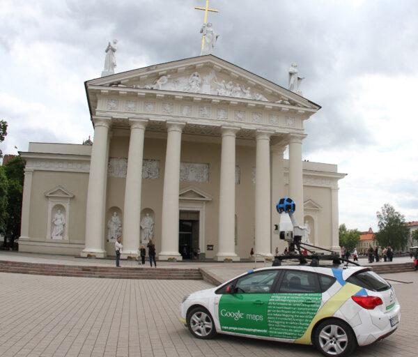 A car operating for Google Street stands in front of the Vilnius Cathedral in Vinius, Lithuania, on June 7, 2012. (Petras Malukas/AFP via Getty Images)