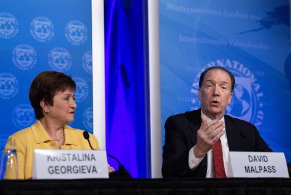 World Bank Group President David Malpass (R) speaks at a press briefing IMF with Managing Director Kristalina Georgieva(L) on COVID-19 in Washington, DC, on March 4, 2020. (NICHOLAS KAMM/AFP via Getty Images)