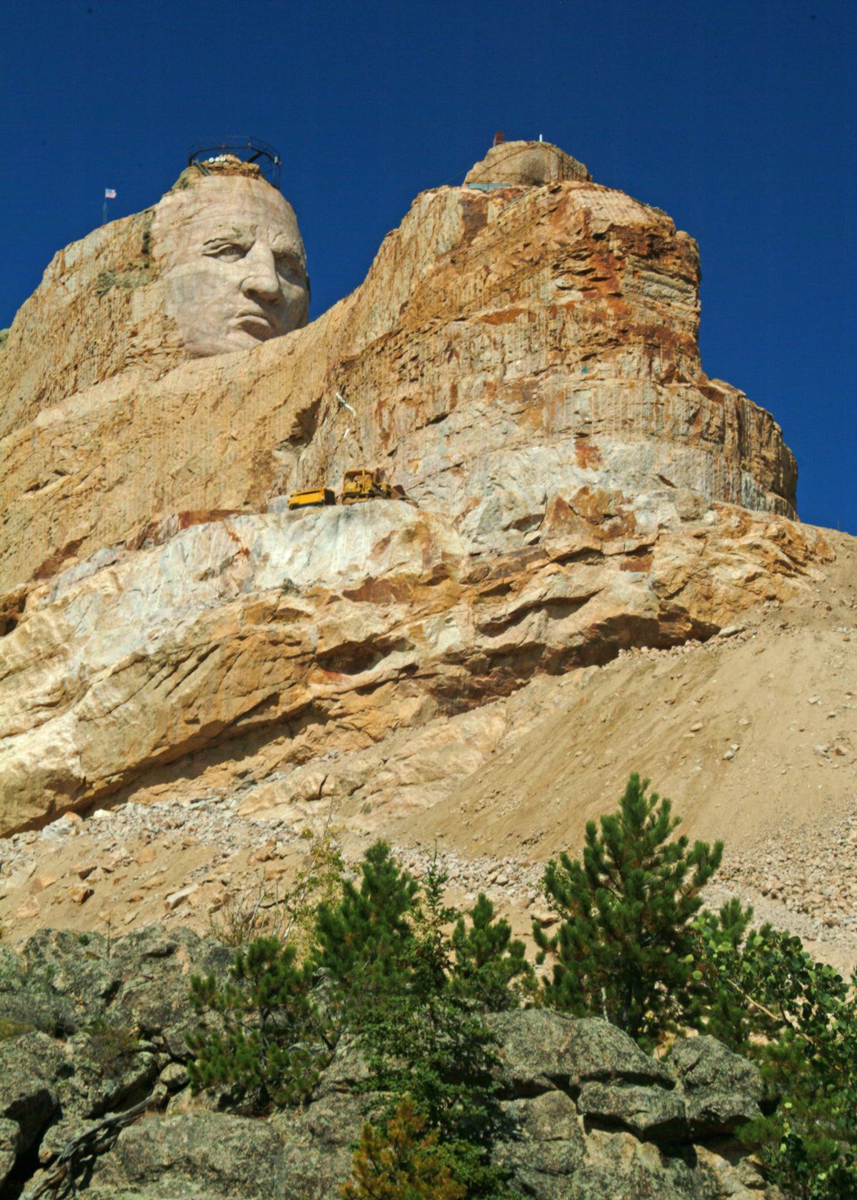 Work on the Crazy Horse Memorial officially began in 1948, and no one is predicting when it will be completed. Those in charge of the project say that all depends on weather and the availability of funds. It is entirely financed through visitor fees and private donations. (Fred J. Eckert)