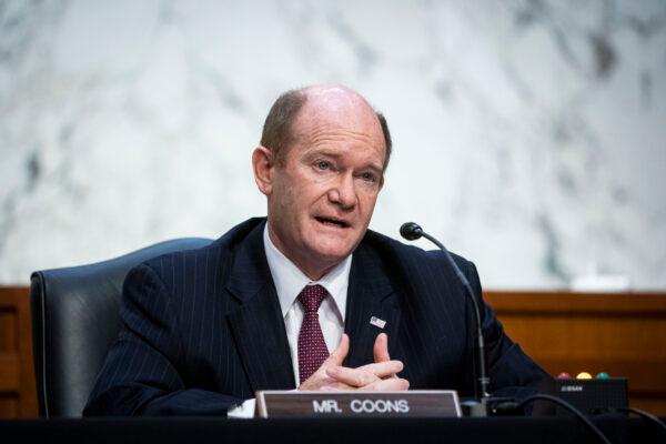 Sen. Chris Coons (D-Del.) during a hearing on Capitol Hill in Washington on Feb. 22, 2021. (DEMETRIUS FREEMAN/The Washington Post/AFP via Getty Images)