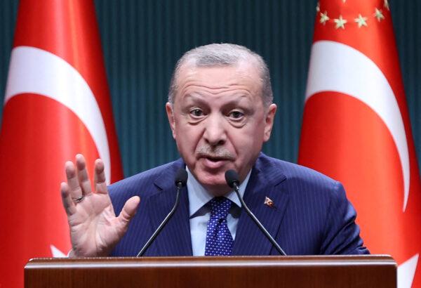 Turkish President Recep Tayyip Erdogan delivers a speech at the Presidential Complex in Ankara, Turkey, on April 5, 2021. (Adem Altan/AFP via Getty Images)