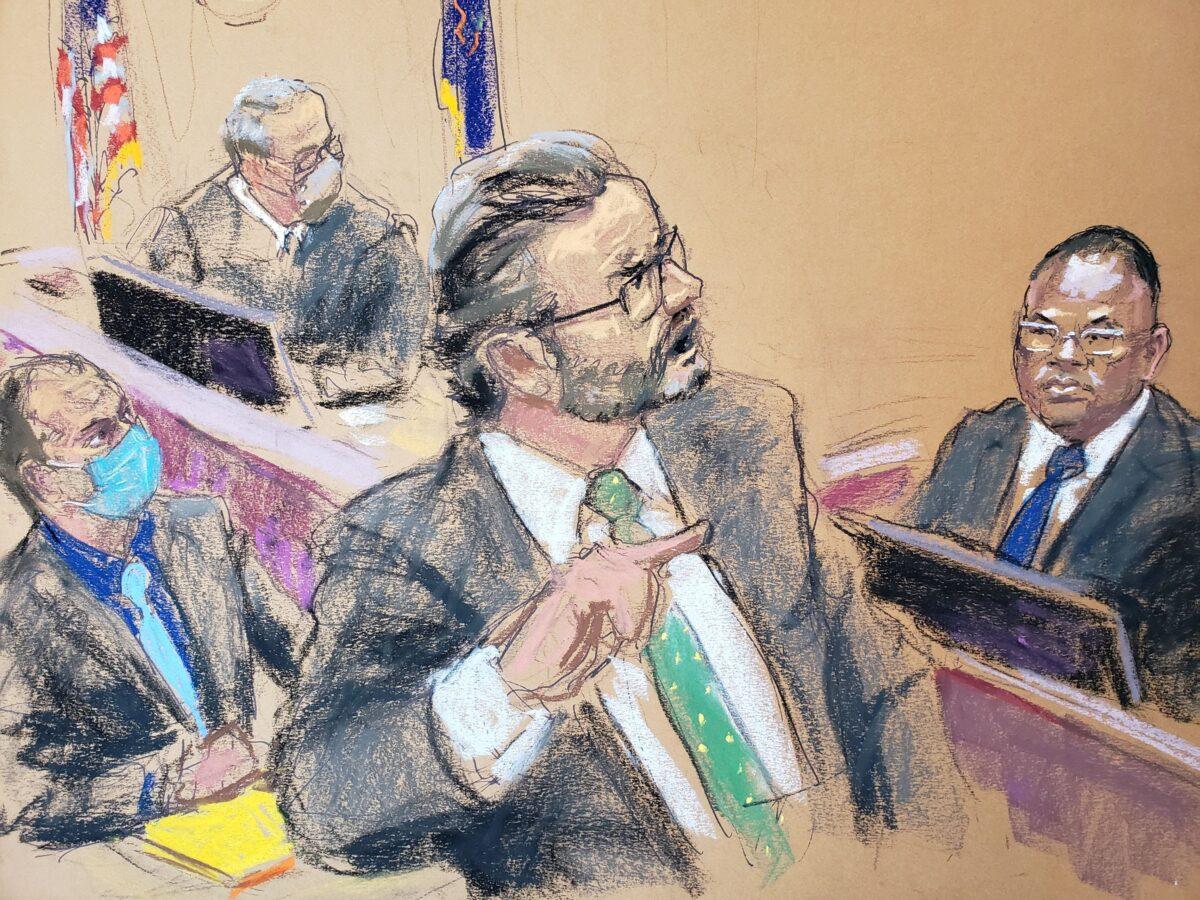 In this courtroom sketch, LAPD Sgt. Jody Stiger is cross examined by defense attorney Eric Nelson as Judge Peter Cahill and Derek Chauvin listen on the eighth day of the trial of former Minneapolis police officer Derek Chauvin for second-degree murder, third-degree murder and second-degree manslaughter in the death of George Floyd in Minneapolis, Minn., on April 7, 2021. (Jane Rosenberg/Reuters)