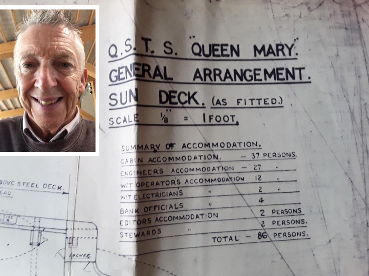 (Inset) Francis Philips. Detail showing specifications of plans to convert the RMS Queen Mary into a wartime ship (Kennedy News and Media)
