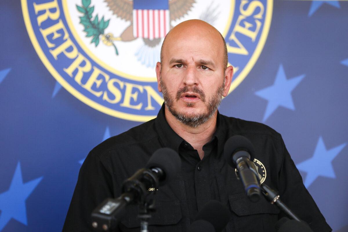 Brandon Judd, president of the National Border Patrol Council, at a press conference in McAllen, Texas, on April 7, 2021. (Charlotte Cuthbertson/The Epoch Times)