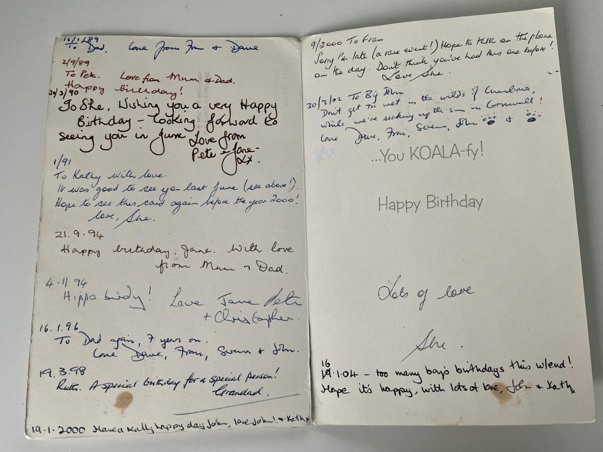 The birthday card received by John Saunders on his 33rd birthday contained messages from other relatives and was first given in 1988. (Kennedy News and Media)