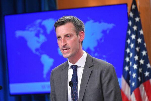 State Department Spokesman Ned Price speaks ahead of an address by Secretary of State Antony Blinken during the release of the "2020 Country Reports on Human Rights Practices," at the State Department in Washington on March 30, 2021. (Mandel Ngan/Pool/AFP via Getty Images)