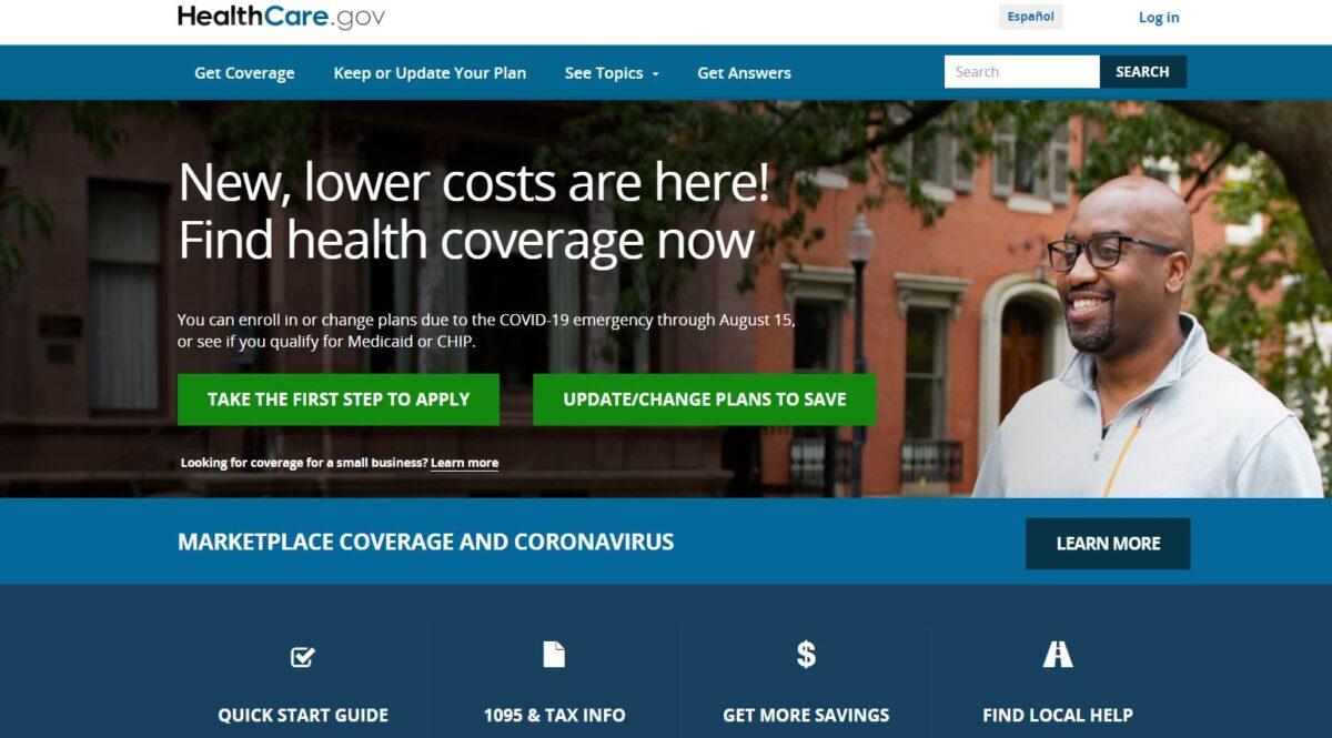 An image shows the landing page for HealthCare.gov. (Screenshot via The Epoch Times)