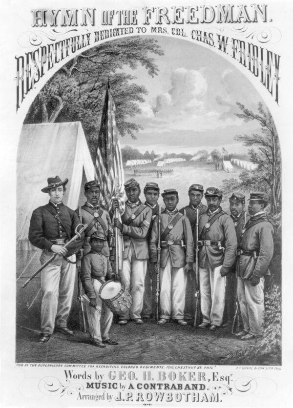 Lithograph cover of sheet music to “Hymn of the Freedman” depicting African American soldiers of the Union 8th U.S. Colored Troops and their commanding officer, Colonel Charles W. Fribley, killed in the Battle of Olustee, Florida, on Feb. 20, 1864, during the American Civil War. (Archive Photos/Getty Images)