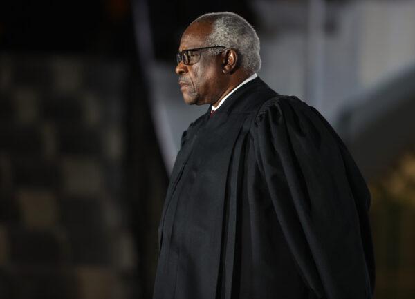 Supreme Court Associate Justice Clarence Thomas attends the ceremonial swearing-in ceremony for Amy Coney Barrett to be a U.S. Supreme Court Associate Justice on the South Lawn of the White House in Washington on Oct. 26, 2020. (Tasos Katopodis/Getty Images)