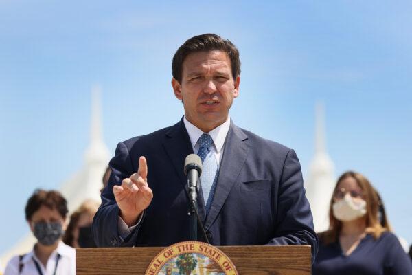 Florida Gov. Ron DeSantis speaks to the media about the cruise industry during a press conference at PortMiami in Miami, Fla., on April 8, 2021. (Joe Raedle/Getty Images)