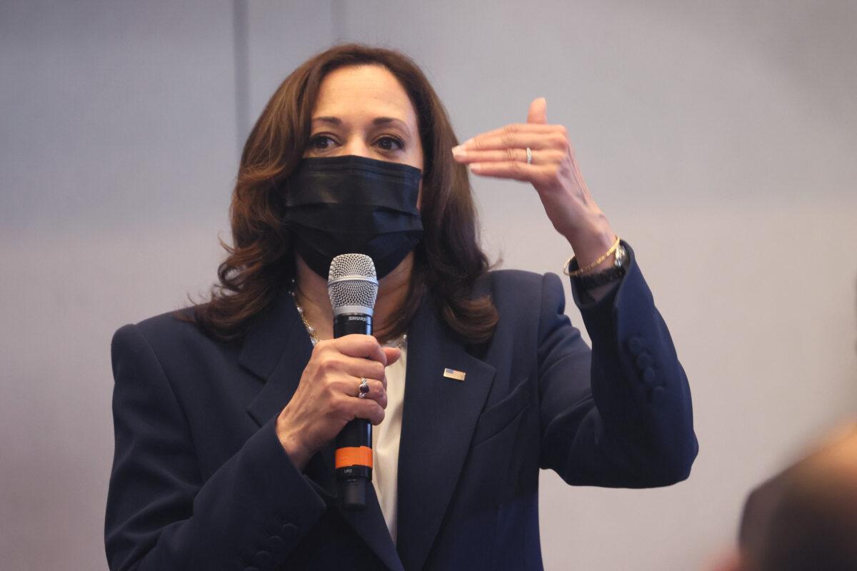 Vice President Kamala Harris speaks at a vaccination center in Chicago, Ill., on April 6, 2021. (Photo by Scott Olson/Getty Images)
