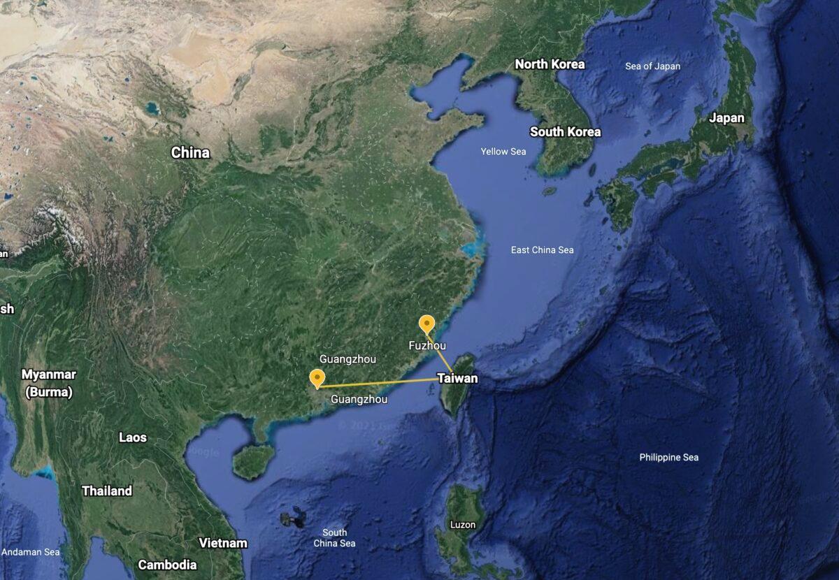 A screenshot of Google Earth: Fuzhou, the capital city of Fujian Province, China, is only a 30-minute plane ride from Taiwan. (Screenshot via The Epoch Times)