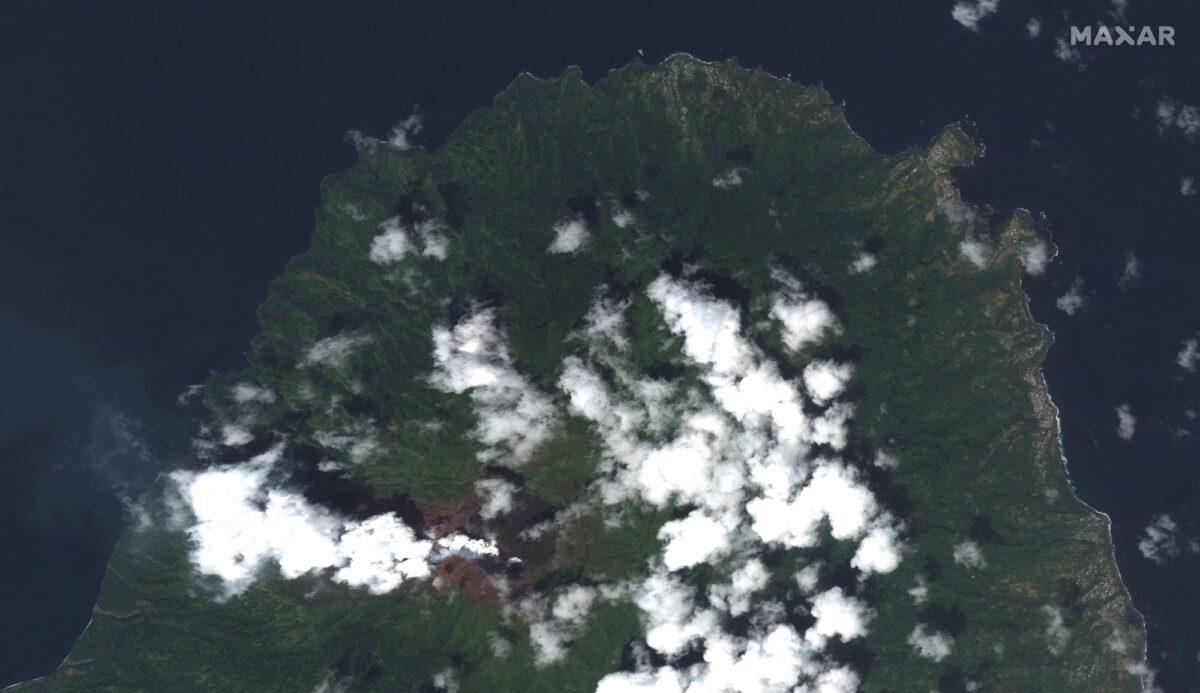 This image provided by Maxar Technologies shows La Soufriere volcano on the Caribbean island of St. Vincent, the day before it erupted, on April 8, 2021. (Satellite image ©2021 Maxar Technologies via AP)