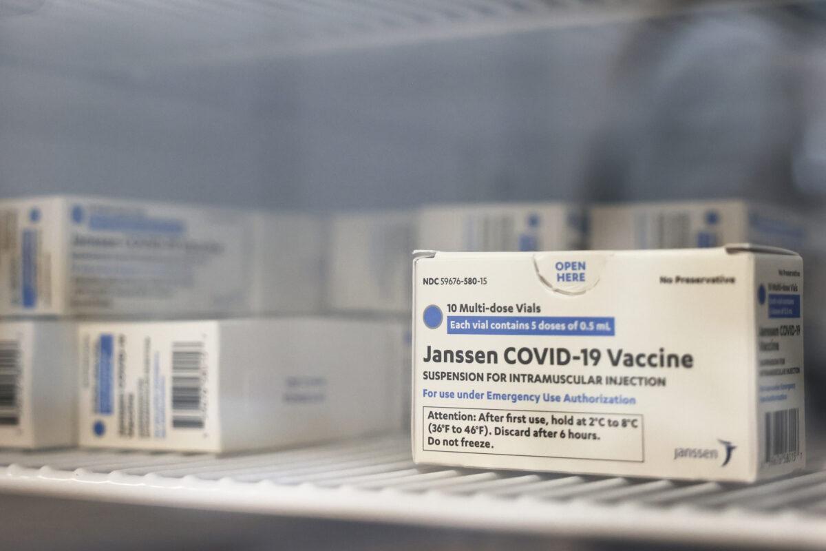Doses of Johnson & Johnson's COVID-19 vaccine are seen in a refrigerator in an April 8, 2021 file photograph. (Michael M. Santiago/Getty Images)