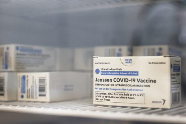 Doses of Johnson & Johnson's COVID-19 vaccine are seen in a refrigerator in an April 8, 2021, file photograph. (Michael M. Santiago/Getty Images)