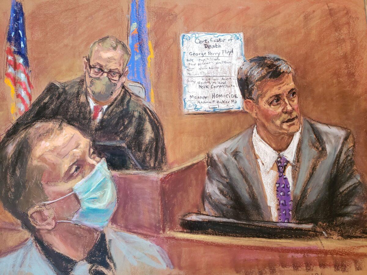 In this courtroom sketch, Hennepin County medical examiner Dr. Andrew Baker testifies as Judge Peter Cahill, top left, and former Minneapolis police officer Derek Chauvin listen, on the 10th day of the trial of Chauvin for second-degree murder, third-degree murder, and second-degree manslaughter in the death of George Floyd in Minneapolis, on April 9, 2021. (Jane Rosenberg/Reuters)