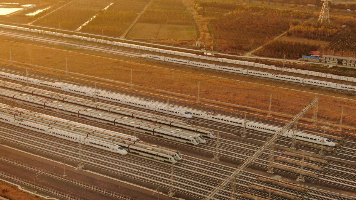 An aerial view of bullet trains on the newly built high-speed railways in Nantong, eastern China's Jiangsu Province, on Dec. 15, 2020. (STR/AFP via Getty Images)