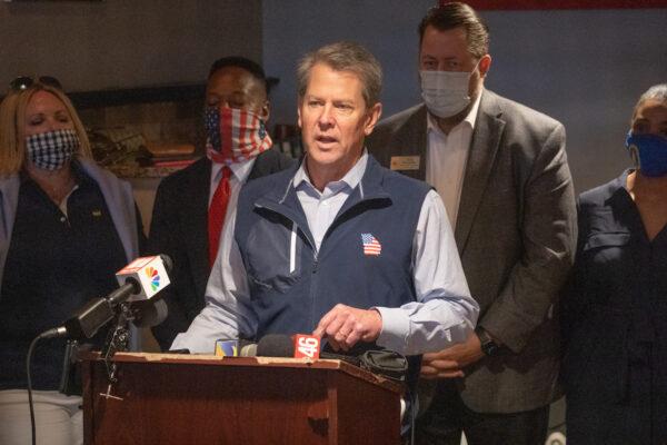 Georgia Gov. Brian Kemp speaks at a news conference about the state's Election Integrity Law in Marietta, Ga., on April 10, 2021. (Megan Varner/Getty Images)
