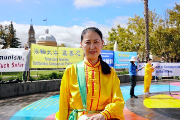 Falun Gong practitioner Angel at a rally in Bendigo, Victoria, on April 10, 2021. She was imprisoned in China in 2004 for sharing information about Falun Dafa. (The Epoch Times)