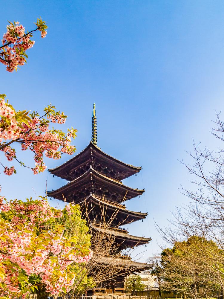 The five-story pagoda of the Shingon Buddhist Temple, To-ji, founded in 796, was one of only three Buddhist temples in Kyoto at the time. Kukai, a Japanese Buddhist monk, founded Shingon Buddhism when he returned from China, where he had learned Buddhism. (Takashi Images/Shutterstock)
