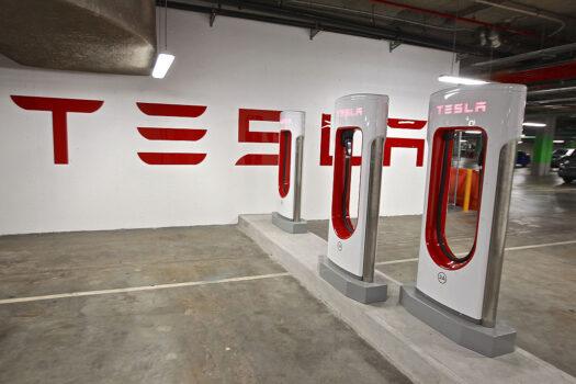 The Tesla electric car charging station in the car park at The Star Casino in Pyrmont in Sydney, Australia, on April 14, 2015. (Ben Rushton/Getty Images)