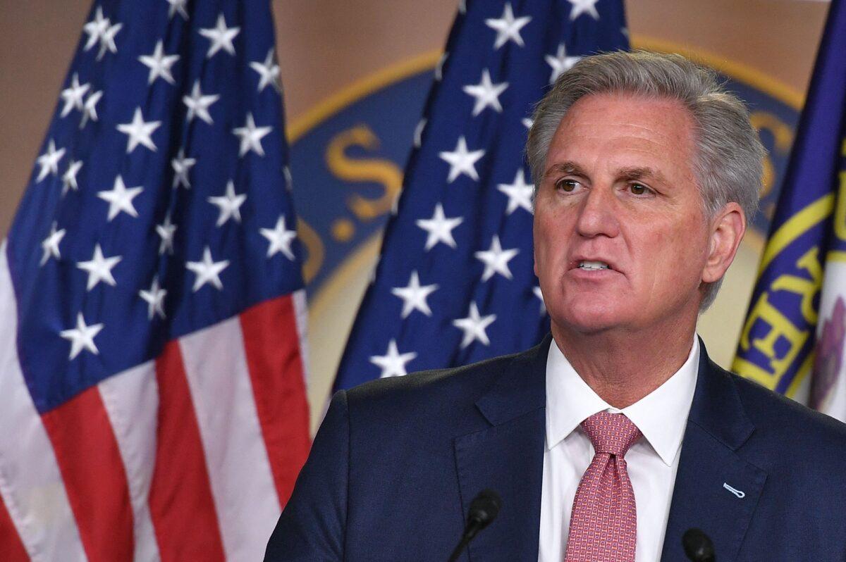 U.S. House Minority Leader, Kevin McCarthy, a Republican from California, speaks during his weekly press briefing on Capitol Hill in Washington on March 18, 2021. (Mandel Ngan/AFP via Getty Images)
