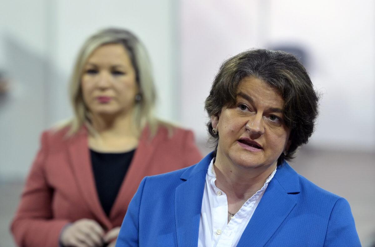 Northern Ireland First Minister Arlene Foster (R) and Deputy First Minister Michelle O'Neill (L) hold a press conference after touring the province’s largest COVID-19 vaccination centre as it opens at the Odyssey SSE Arena in Belfast on March 29, 2021. (Charles McQuillan/Getty Images)