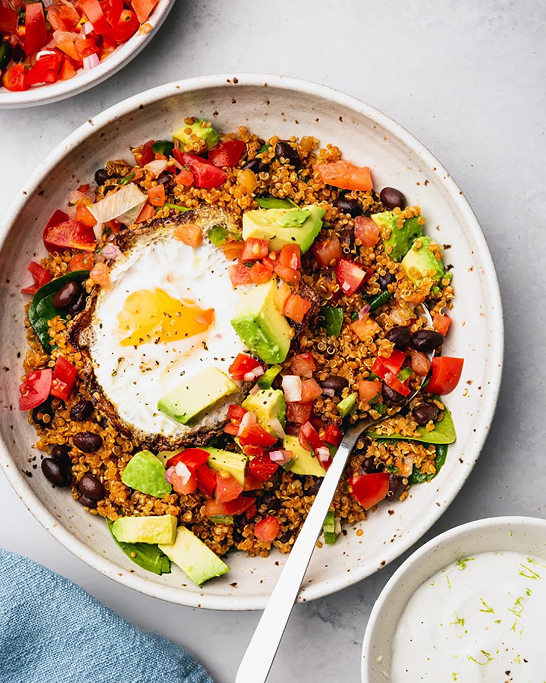 These vegetarian taco bowls swap the ground beef for nutty, protein-packed quinoa. (Shelly Westerhausen/TNS)