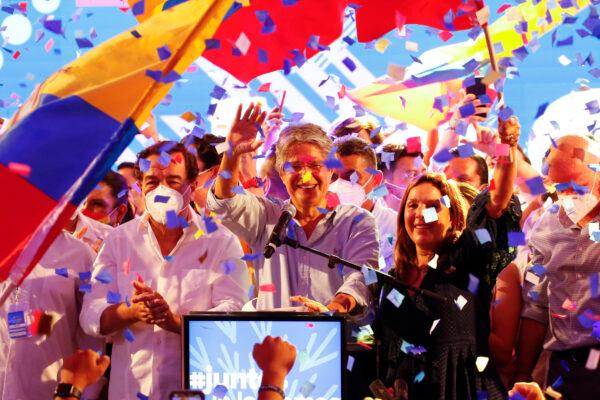 Guillermo Lasso, presidential candidate of Creating Opportunities party, CREO, celebrates after a presidential runoff election at his campaign headquarters in Guayaquil, Ecuador, on April 11, 2021. (Angel Dejesus/AP Photo)