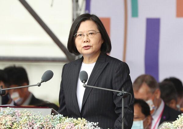 Taiwanese President Tsai Ing-wen delivers a speech during National Day celebrations in front of the Presidential Building in Taipei, Taiwan on Oct. 10, 2020. (Chiang Ying-ying/AP Photo)