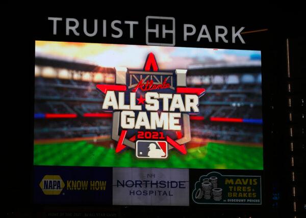 The 2021 All Star Game Logo is displayed on the screen prior to the game between the Miami Marlins and Atlanta Braves at Truist Park in Atlanta, Ga., on Sept. 24, 2020. (Todd Kirkland/Getty Images)