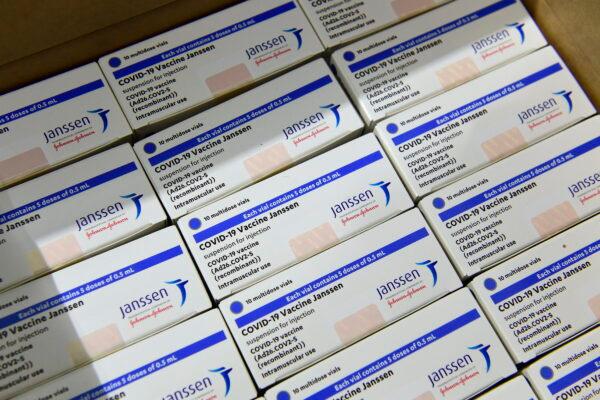 Boxes of Janssen vaccines sit at a warehouse of Hungaropharma, a Hungarian pharmaceutical wholesale company, in Budapest, Hungary, after the arrival of the first batch of the Johnson & Johnson, US, made one-dose vaccine against the new coronavirus in the country, on April 13, 2021. (Szilard Koszticsak/MTI via AP)
