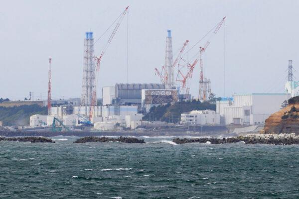 Fukushima Daiichi nuclear power plant is seen from Namie town, Fukushima prefecture, north of Tokyo, on April 13, 2021. (Yusuke Ogata/Kyodo News via AP)