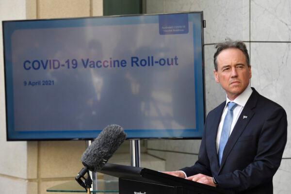 Australian Minister for Health Greg Hunt discusses the COVID-19 vaccination program at press conference at Parliament House in Canberra, on April 9, 2021. (Mick Tsikas/AAP Image via AP)