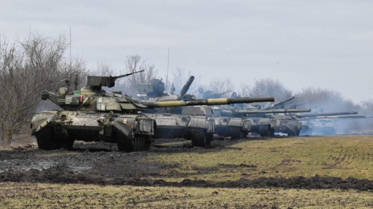 Tanks of the Ukrainian Armed Forces during drills at an unknown location near the border of Russian-annexed Crimea, Ukraine, on April 14, 2021. (Press Service General Staff of the Armed Forces of Ukraine/Handout via Reuters)