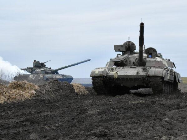 Tanks of the Ukrainian Armed Forces are seen during drills at an unknown location near the border of Russian-annexed Crimea, Ukraine, on April 14, 2021. (Press Service General Staff of the Armed Forces of Ukraine/Handout via Reuters)