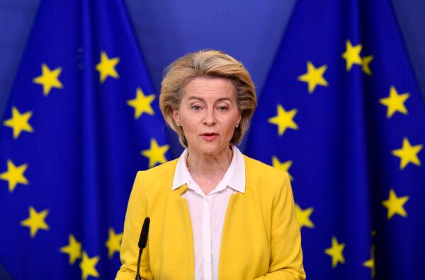 European Commission President Ursula von der Leyen delivers a statement after a meeting of the college of commissioners at EU headquarters in Brussels, on April 14, 2021. (John Thys/Pool via AP)