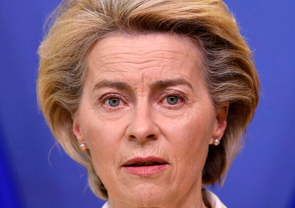 European Commission President Ursula von der Leyen delivers a statement after a meeting of the college of commissioners at EU headquarters in Brussels, on April 14, 2021. (John Thys/Pool via AP)