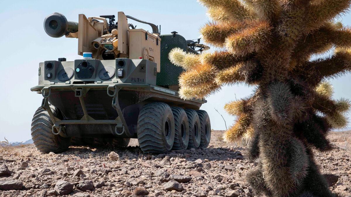 A robotic combat vehicle from the Project Origin fleet prepares for a practice run during Project Convergence 20 at Yuma Proving Ground, Ariz. (U.S. Army/Spc. Carlos Cuebas Fantauzzi)