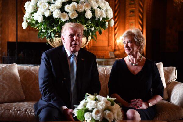 President Donald Trump speaks at a press conference with Linda McMahon, head of the Small Business Administration, at the president's Mar-a-Lago estate in Palm Beach, Fla., on March 29, 2019. (Nicholas Kamm/AFP via Getty Images)