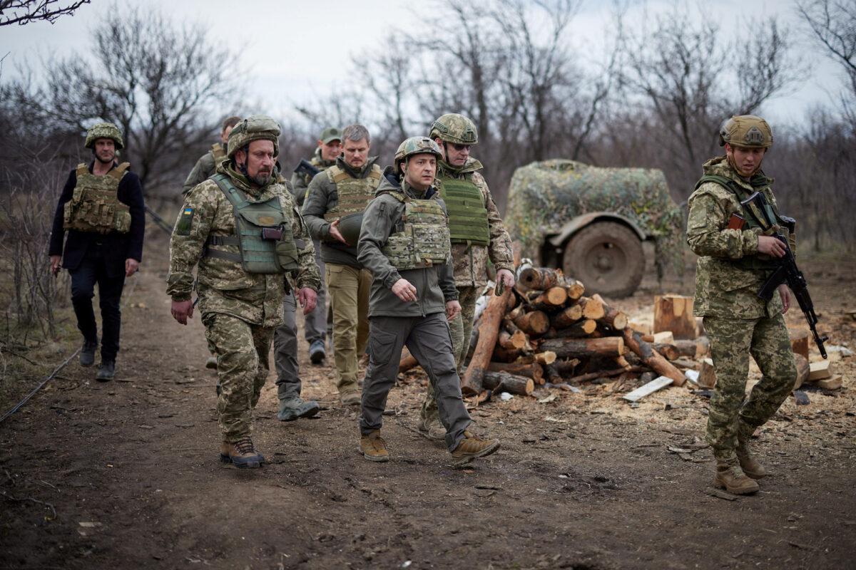 Ukraine's President Volodymyr Zelenskiy visits positions of armed forces near the frontline with Russian-backed separatists during his working trip in Donbass region, in Ukraine, on April 8, 2021. (Ukrainian Presidential Press Service/Handout via Reuters)